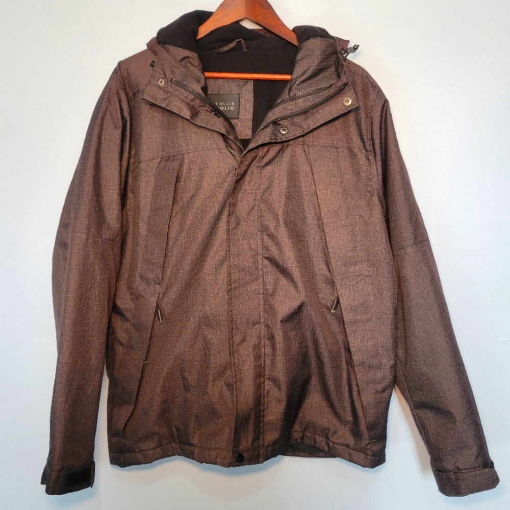 Perry Ellis Portfolio Mens Jacket Size Medium Gray Multiple Zip Pockets Hooded